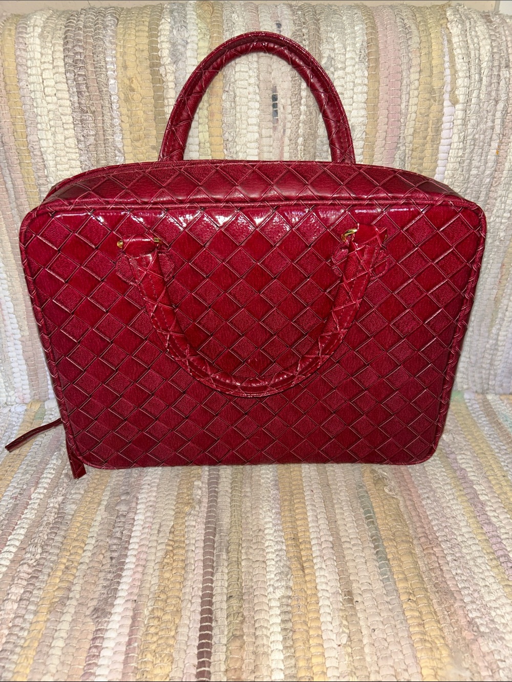 Estée Lauder Red Woven Satchel Handbag Structured Top Handle Purse